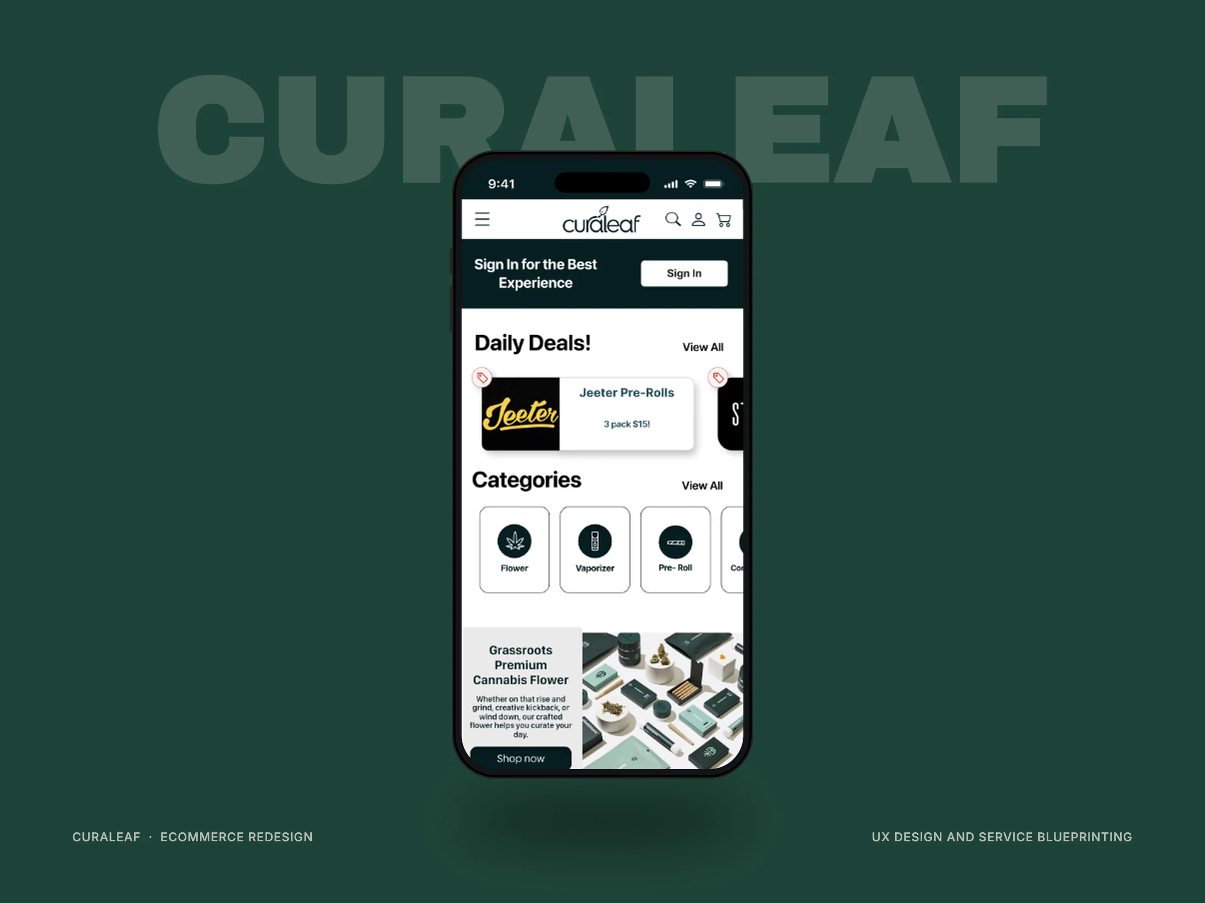Curaleaf mobile redesign on an iPhone against a green field with a Curaleaf wordmark